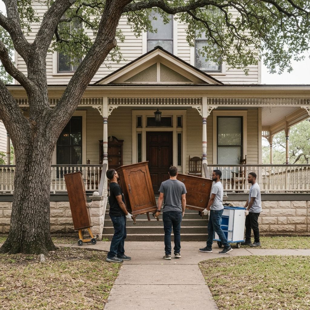 Professional movers handling antique furniture from historic Clarksville home Austin TX