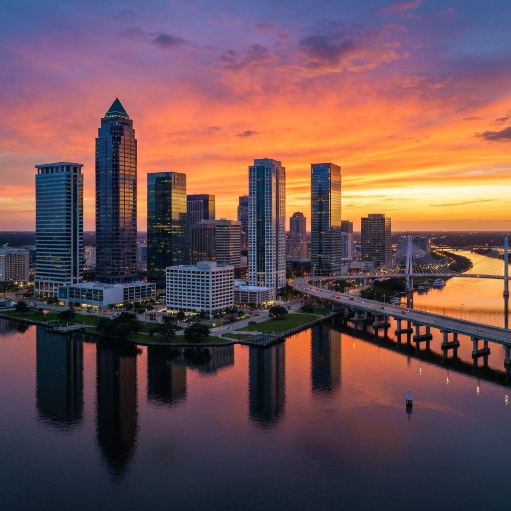 Jacksonville FL skyline — St. Johns River at sunset