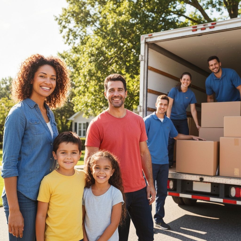 Happy family with professional movers — MOVEPack makes moving easier