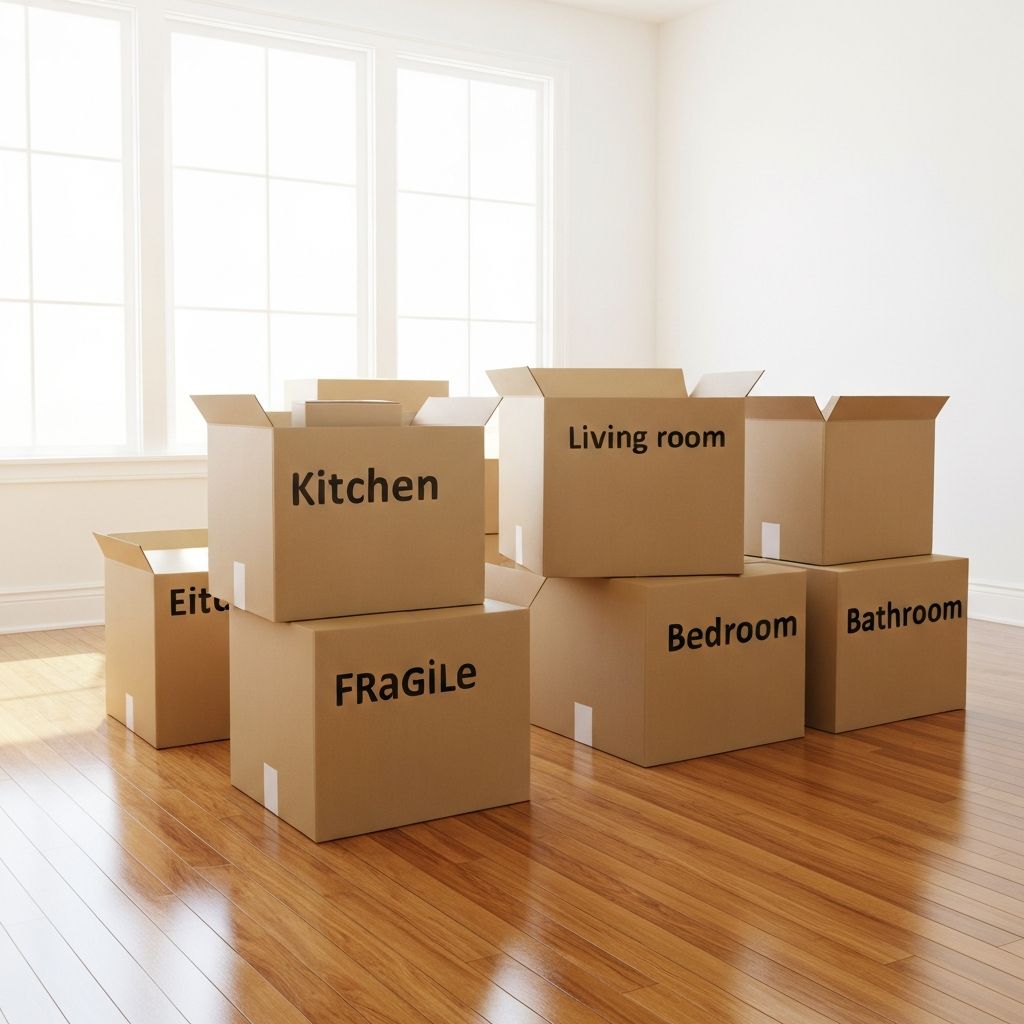 Labeled moving boxes organized for Saint Paul move