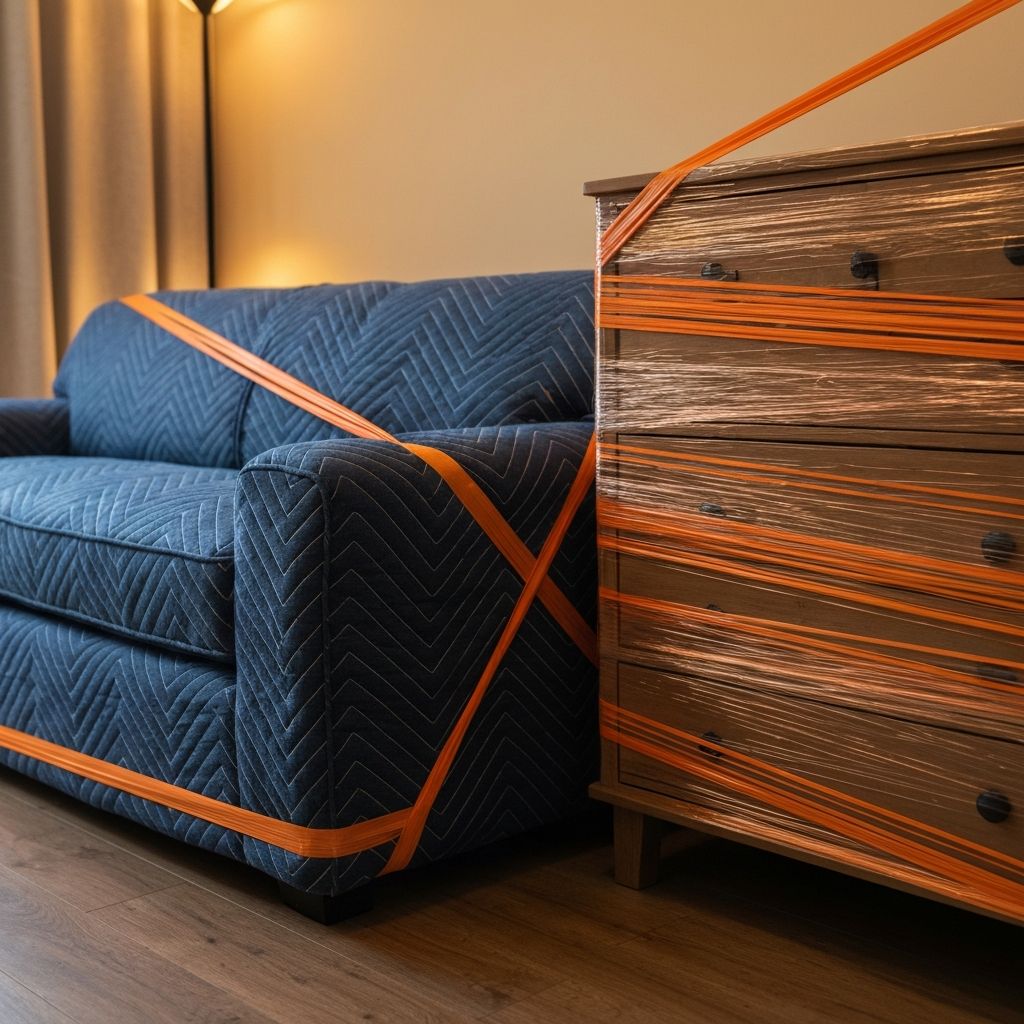 Furniture wrapped in moving blankets for protection