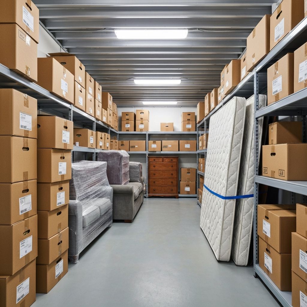 Organized storage unit with labeled moving boxes