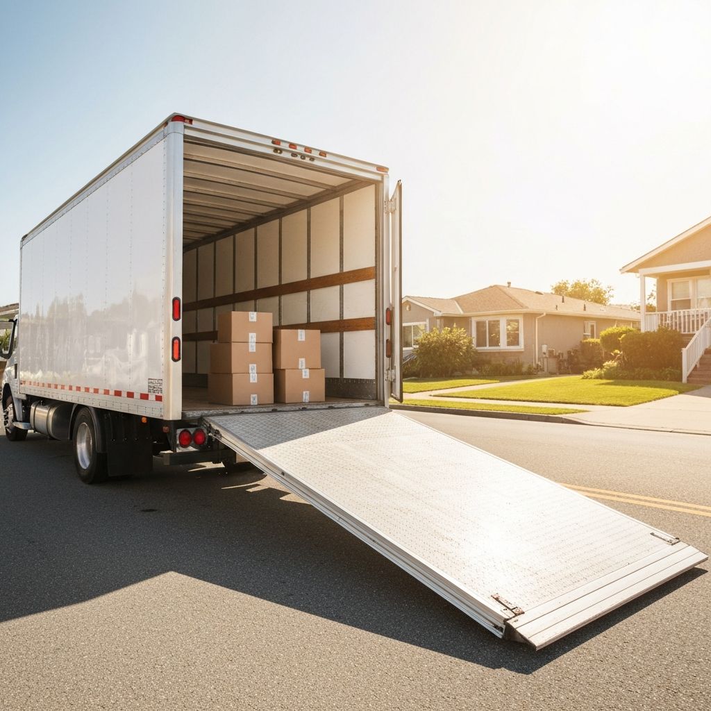 Moving truck with loading ramp extended