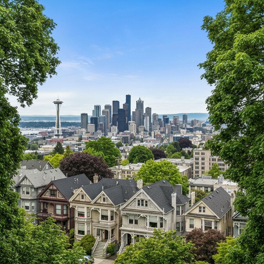 Queen Anne Seattle neighborhood hilltop view with Space Needle