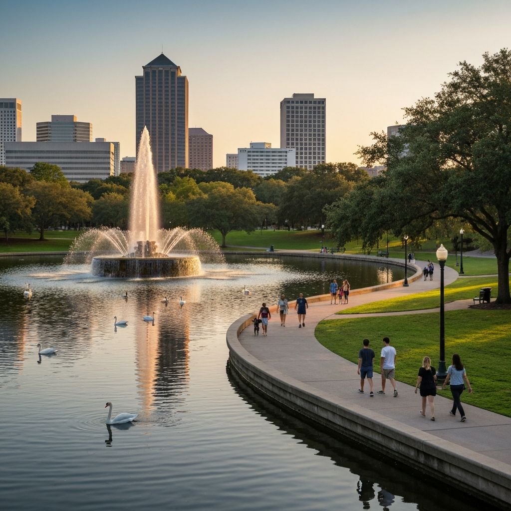 Lake Eola Park fountain with Thornton Park skyline Orlando Florida